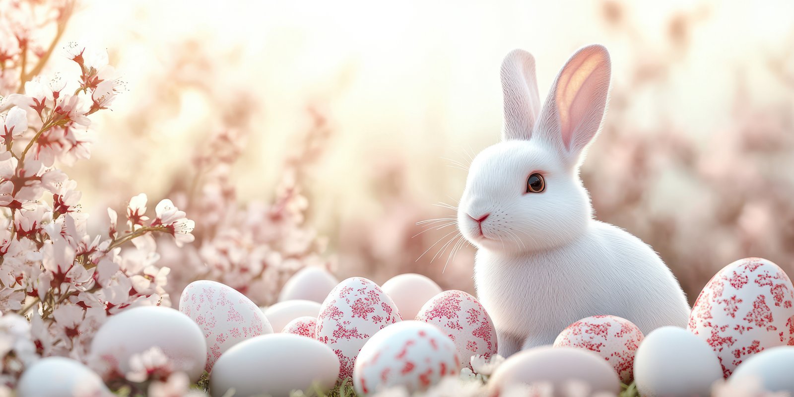 Cute white rabbit sitting among colorful Easter eggs and blooming flowers in a serene spring meadow